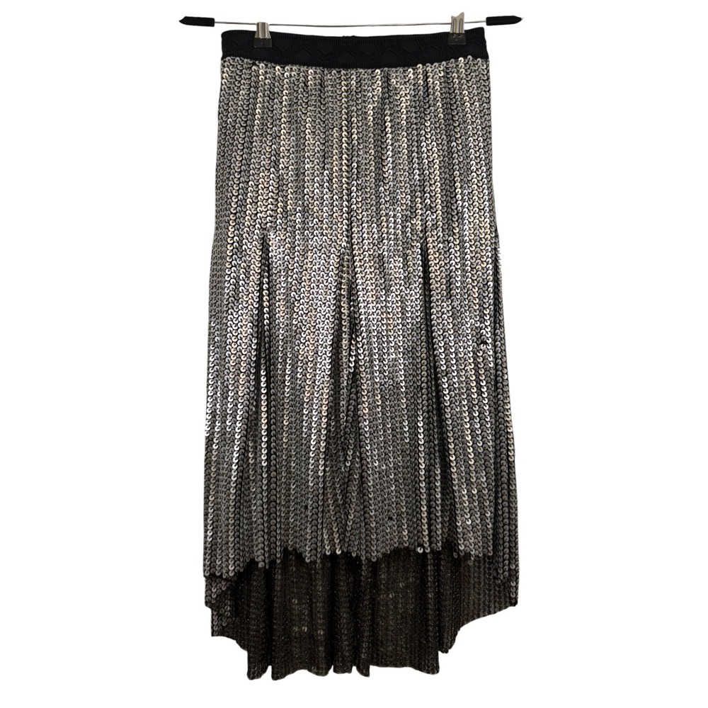 Maje Silver Sequin High Low Skirt Black Elastic Waist Party Glam Holiday Sparkle